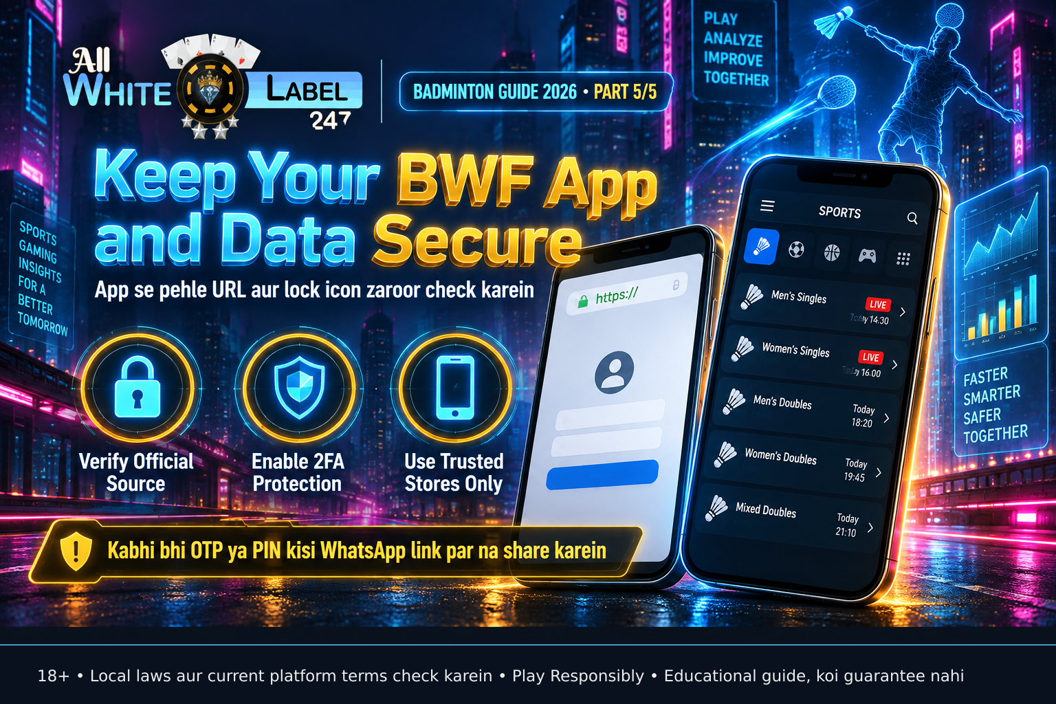 Smartphone showing secure login interface with padlock and https in URL bar, emphasizing website verification for badminton tournament apps