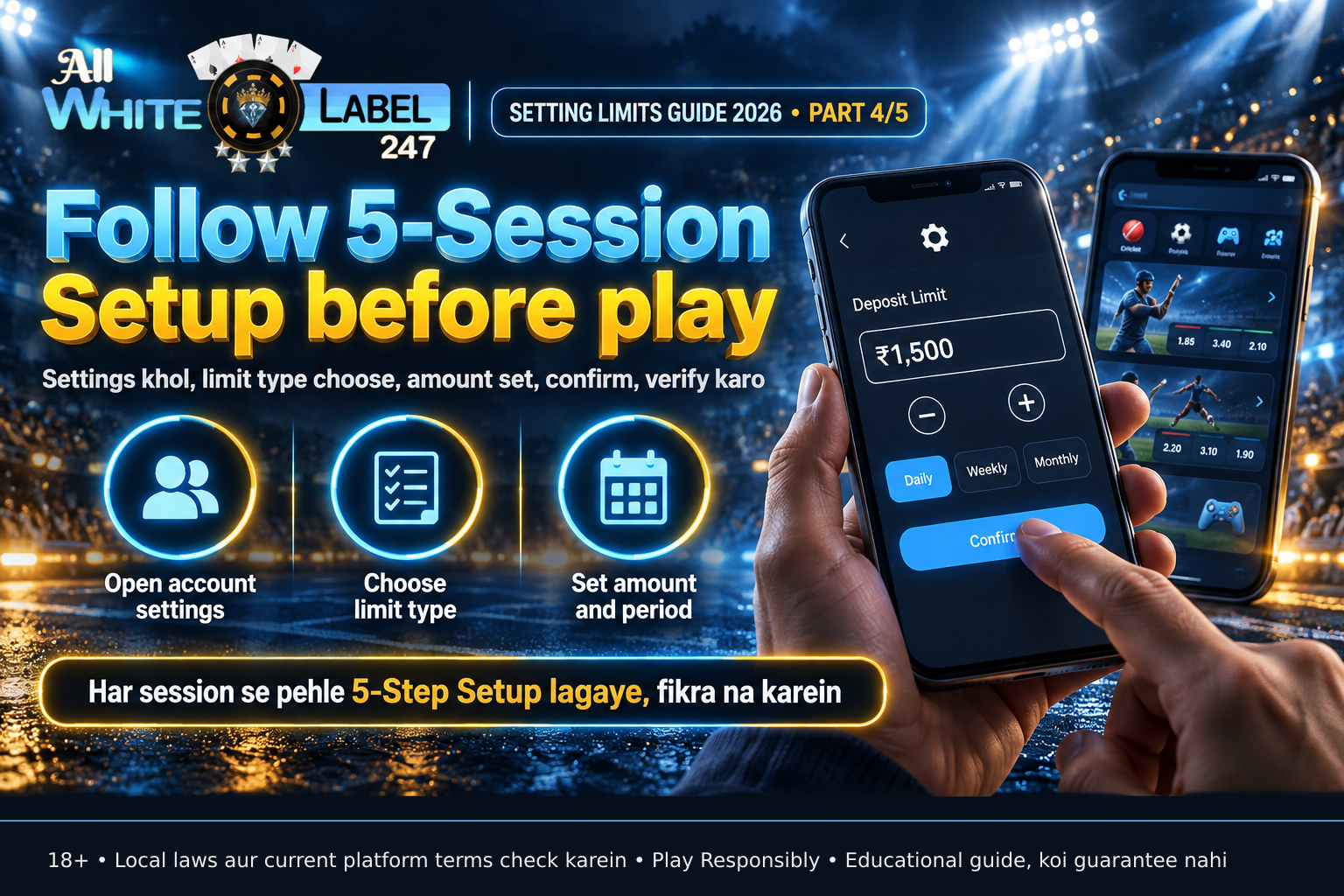 Smartphone screen displaying a deposit limit configuration with ₹1,500 amount selected in the responsible gaming section