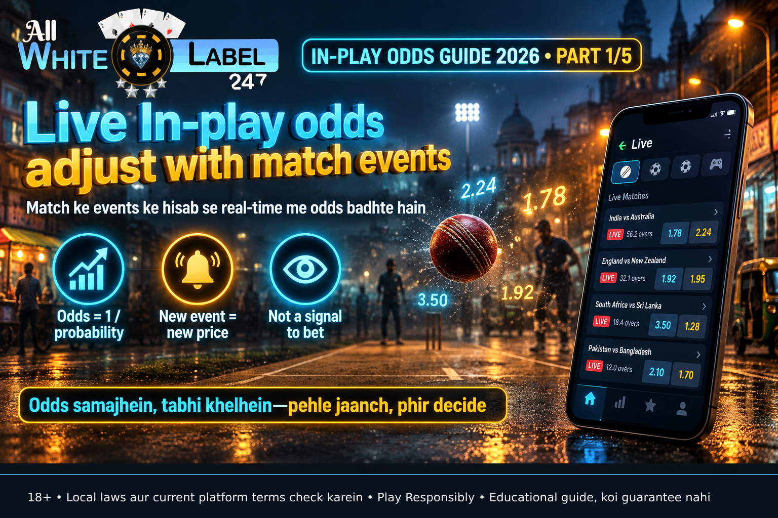 Cricket ball in flight over a pitch with changing decimal odds displayed as translucent overlays, illustrating real-time probability updates in in-play betting