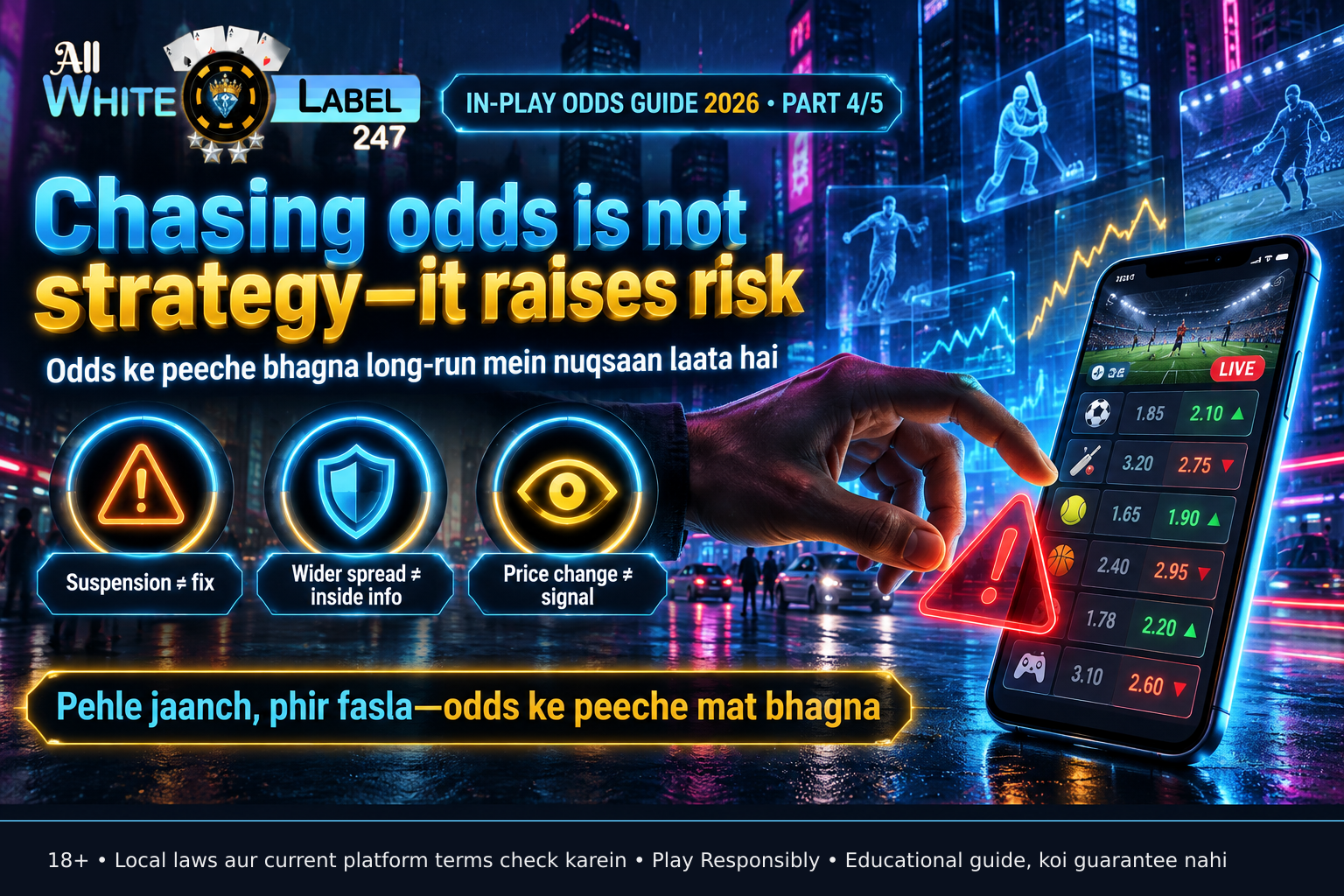 A hand poised over a mobile device displaying fluctuating in-play odds with a caution overlay, representing the risk of chasing live price movements without comprehension
