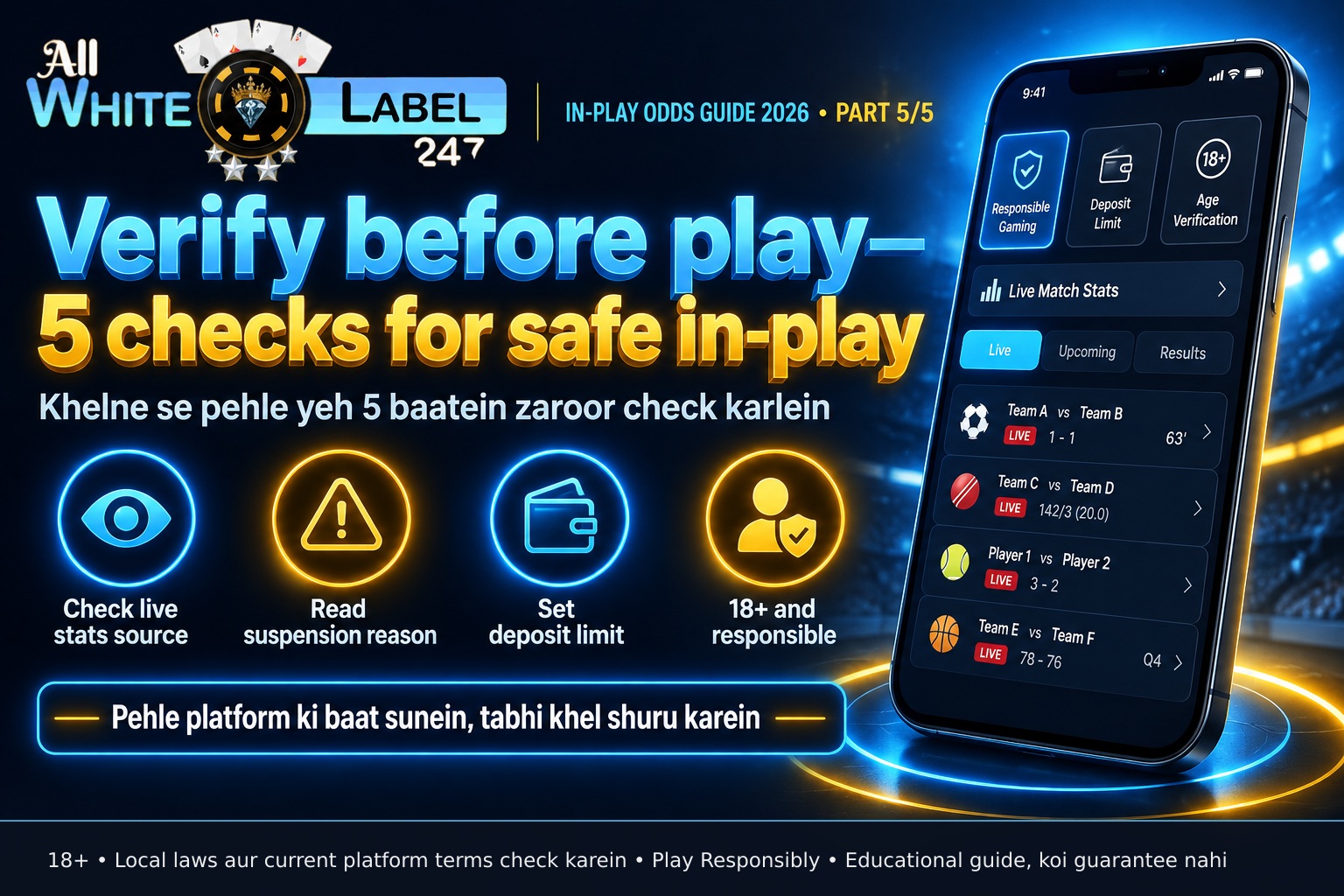 Mobile interface displaying responsible gaming tools including deposit limit settings, age verification, and live sports statistics tabs, emphasizing verification before in-play participation