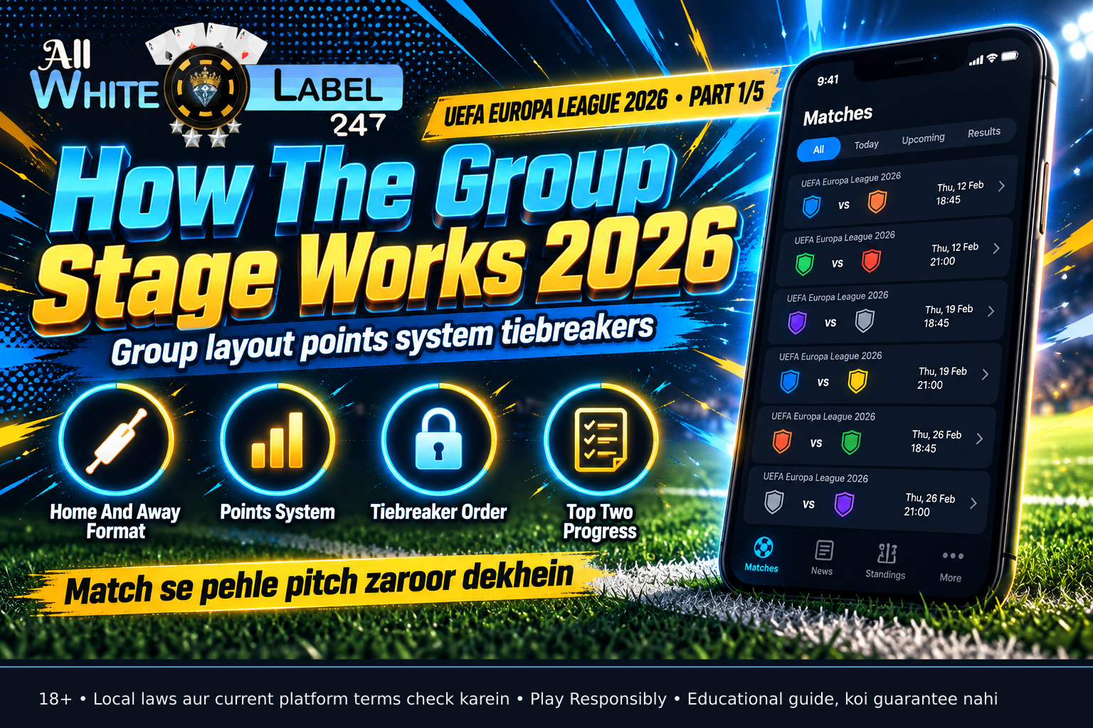 Infographic detailing group stage process and points system for 2026 UEFA Europa League.