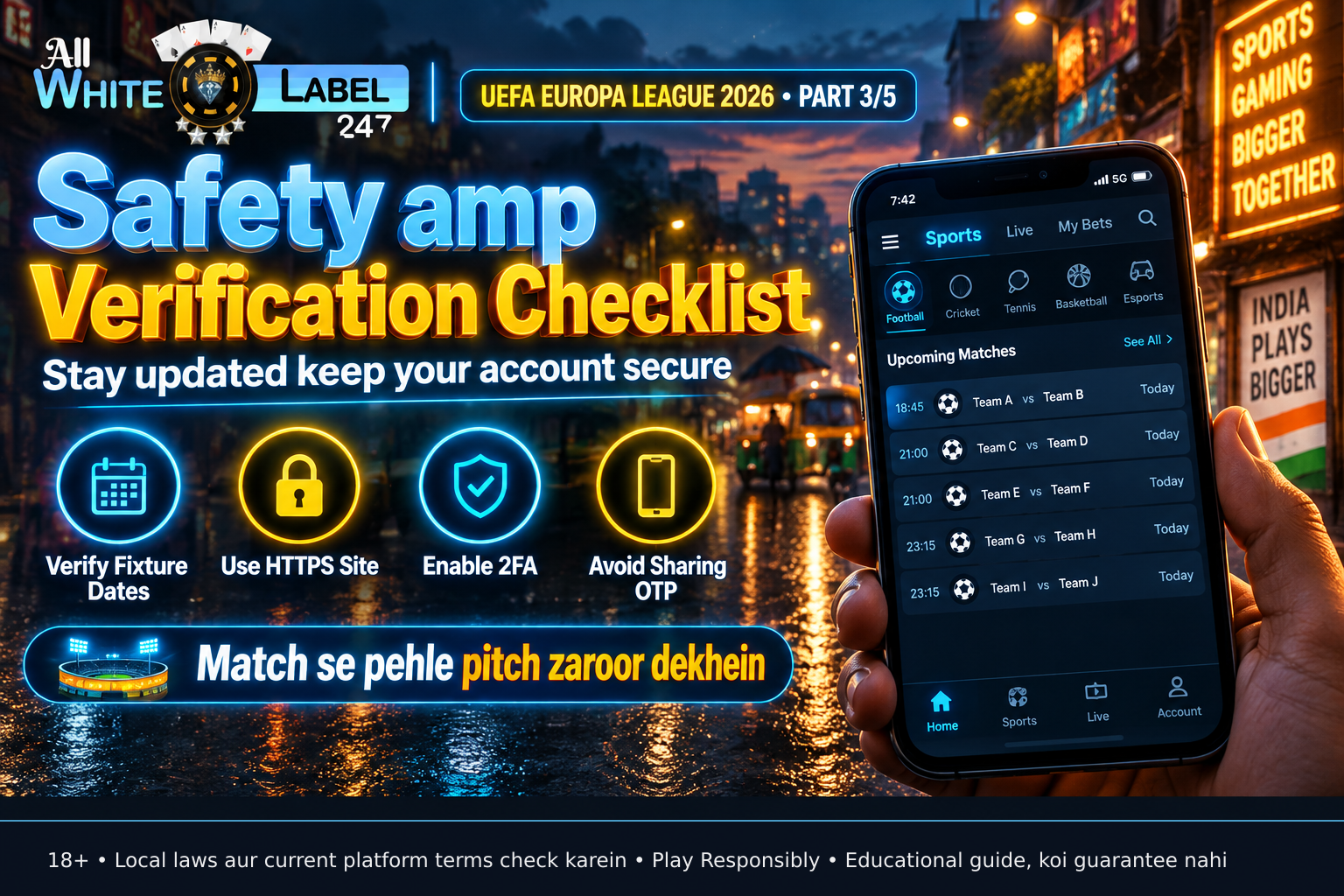 Infographic with safety and verification steps for operators using 2026 UEFA Europa League platforms.