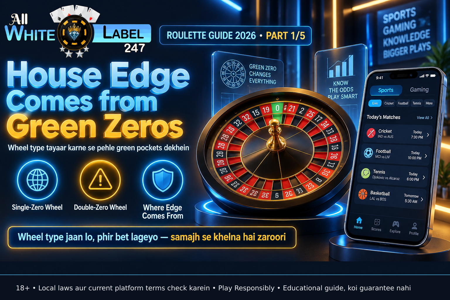 A roulette wheel with a single green zero pocket visible among red and black numbered pockets, illustrating the single-zero wheel concept