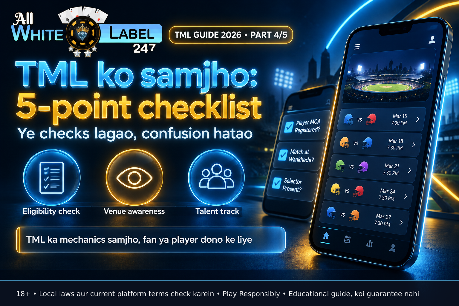 A smartphone screen shows a vertical checklist: Player MCA Registered?, Match at Wankhede?, Selector Present? each with an empty box beside it, no logos or branding