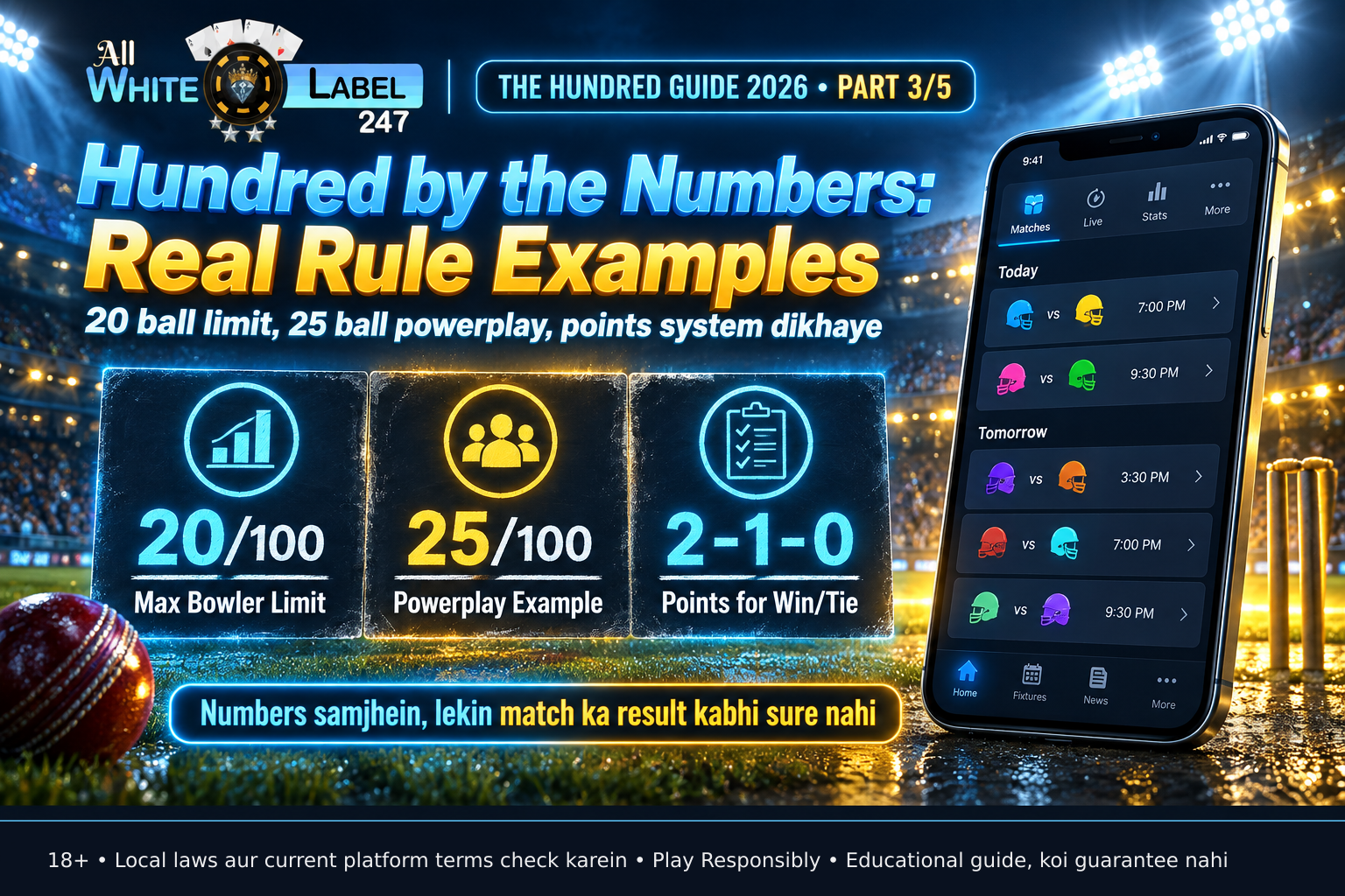 A educational chalkboard with cricket-related numbers: 20 balls max per bowler, 25-ball powerplay, and 2-1-0 points system, no extra text or logos