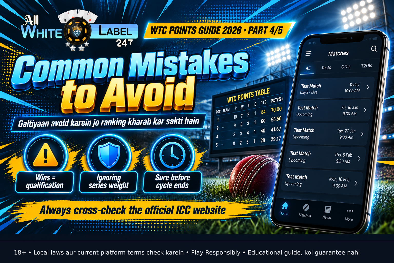 Scoreboard display showing PCT percentage calculations, educational infographic about common mistakes